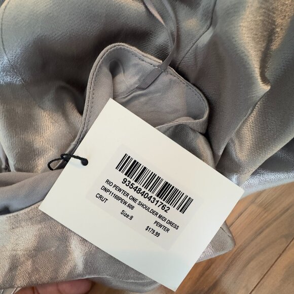 NWT DISSH Rio Pewter Silver Satin One Shoulder Midi Dress Cocktai - Picture 5 of 6